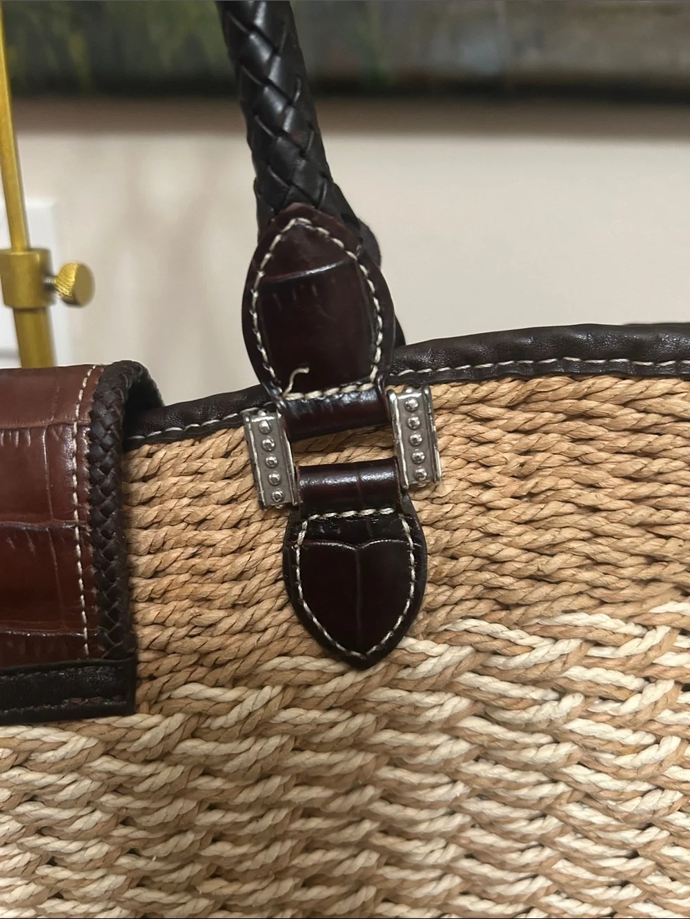 Brighton Natural Straw Tote with Brown Leather Trim and Heart Charm